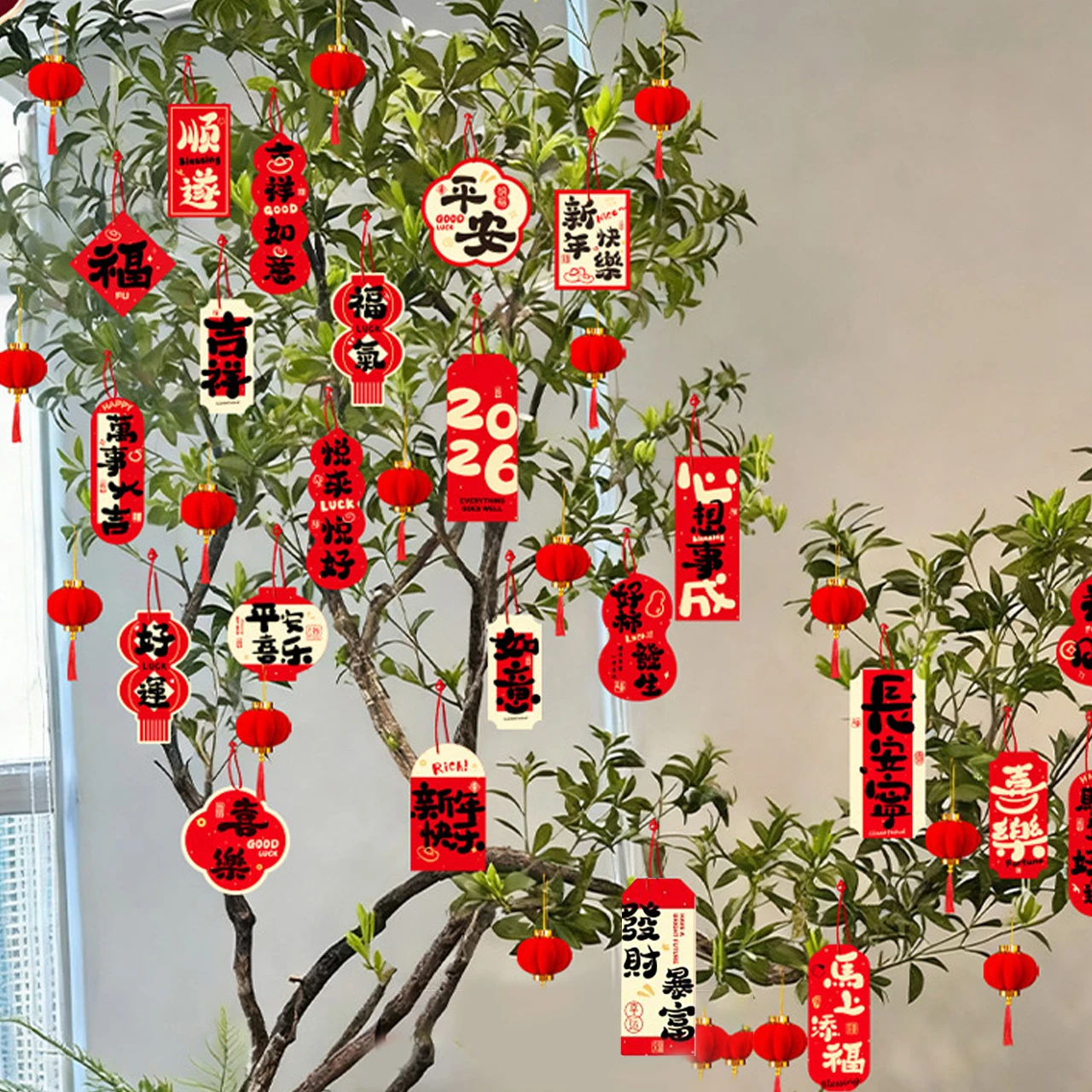 40pcs New Year Greeting Cards Cartoon Blessing Pendant Gift Card Red Hanging Tags 2026 CNY Spring Festival Home Party Decor