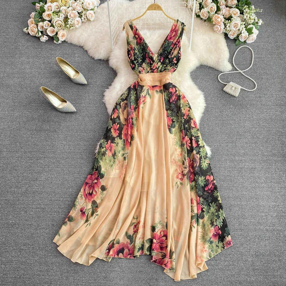 

2024 New Runway Floral Print Midi Long Dress Summer Women Sleeveless Vest Tank Chiffon Dresses Ladies