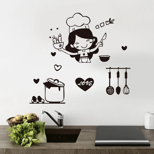 Adesivi murali fai-da-te di una piccola chef felice che cucina, decorazione  per la cucina