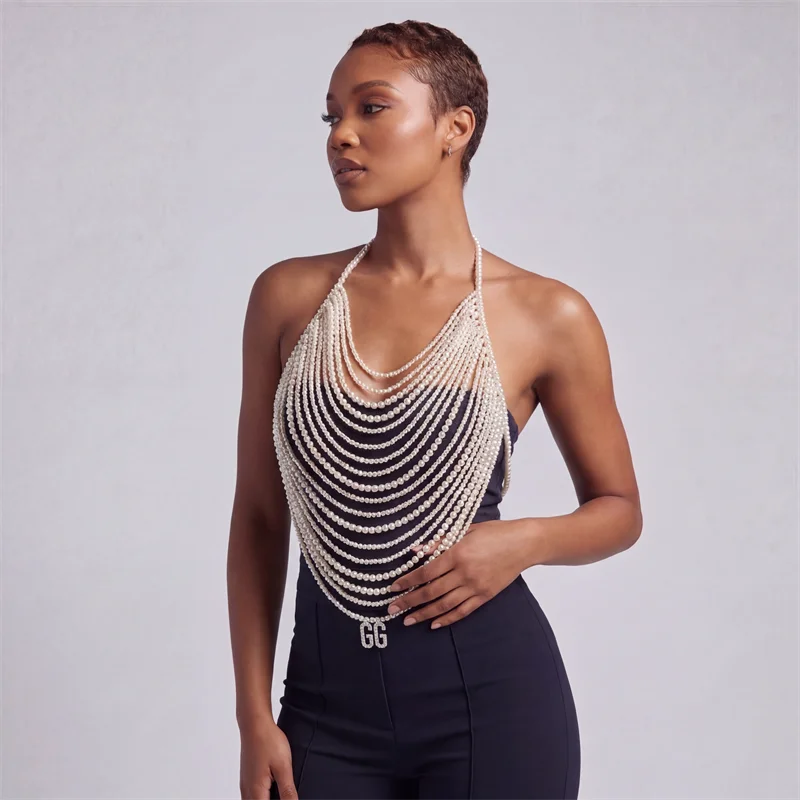Damen Mehrlagiges Perlenketten-Neckholder-Top Sexy Rückenfreies Körpergeschirr für Party Strand Rave Festival Nachtclub Clubwear Outfits – Detail 4
