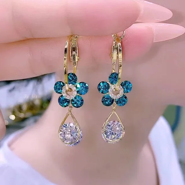 Exquisite Flower Dangle Earings Shiny Full Rhinestones Crystal Drop Earrings Women's Fashion Party Wedding Ear Jewelry Gifts 2