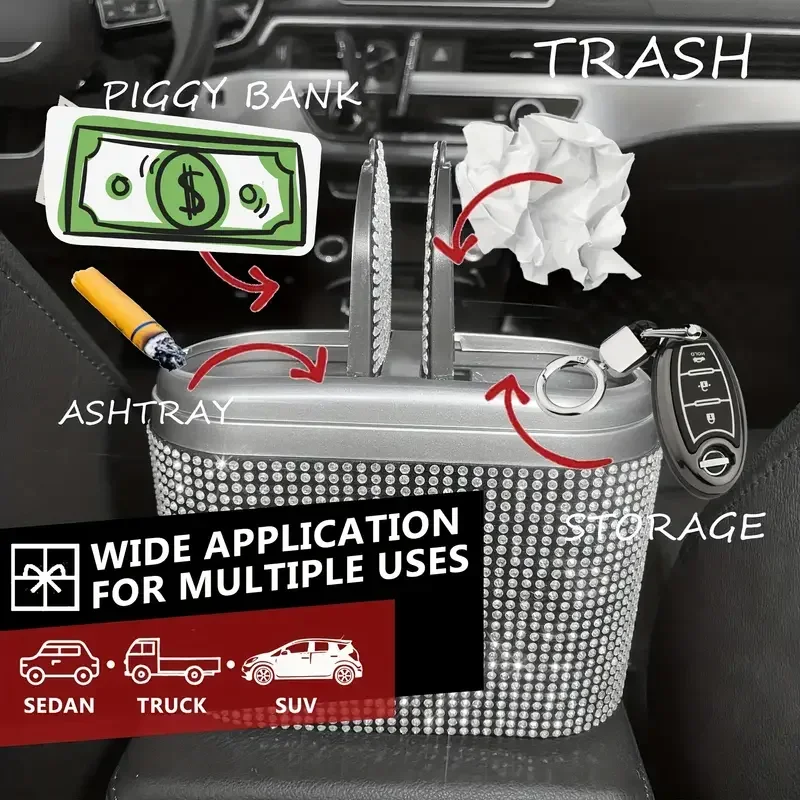 Crystal Mini Car Trash Can Bin with Lid Crystal Bling Hanging Auto Trash Bag Can Auto Garbage Waterproof Bling Car Accessories