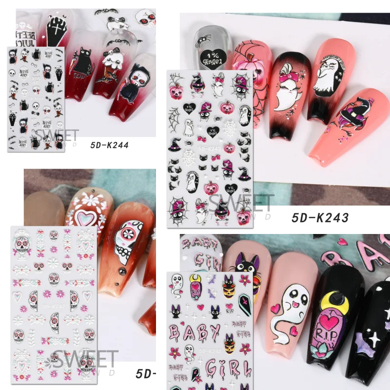 

1PCS 5D Exquisite Halloween Nail Stickers Pink Kawaii Ghost Skeleton Adhesive Transfer Manicure Decals DIY Nail Art Decorations