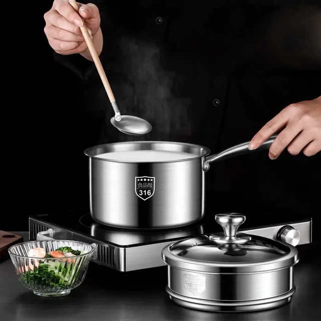 Stainless Steel Milk Pot Milk Pan with Lid Boiling Pot for Coffee or  Porridge - 18cm 