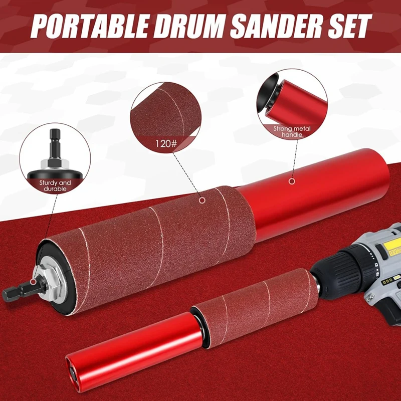 LICG Drum Sander Set,Rubber Sanding Drum Spindle Sander Adapter, With 120 Grit Sandpaper Drum, Sanding Sleeves Power Drill 5