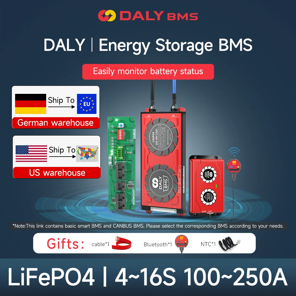 

DALY BMS SMART Lifepo4 CANBUS BMS 1A Active Balancer 4S 12V 8S 24V 16S 48V Energy Storage 100A 150A 200A 250A Battery
