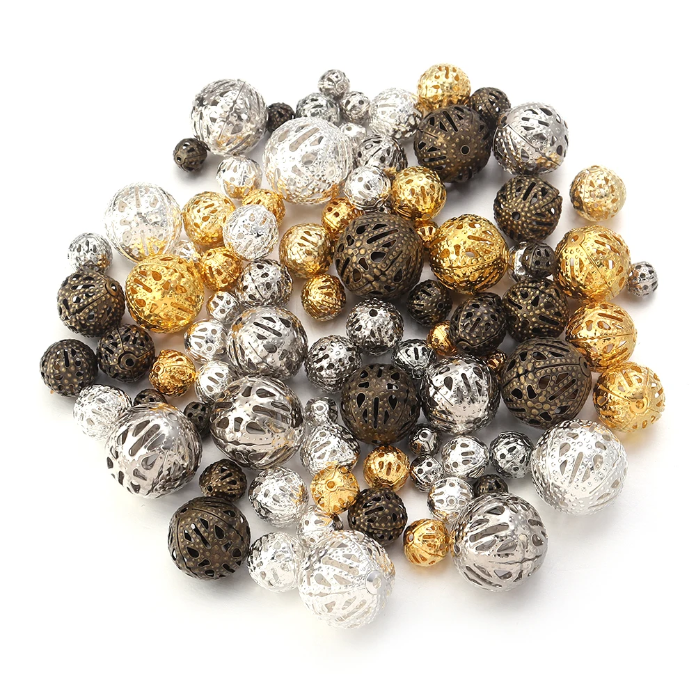 4 6 8 10 12 14mm 금속 철 중공 공 꽃 비즈 골드 컬러 선조 스페이서 라운드 비즈 DIY 쥬얼리 액세서리 만들기