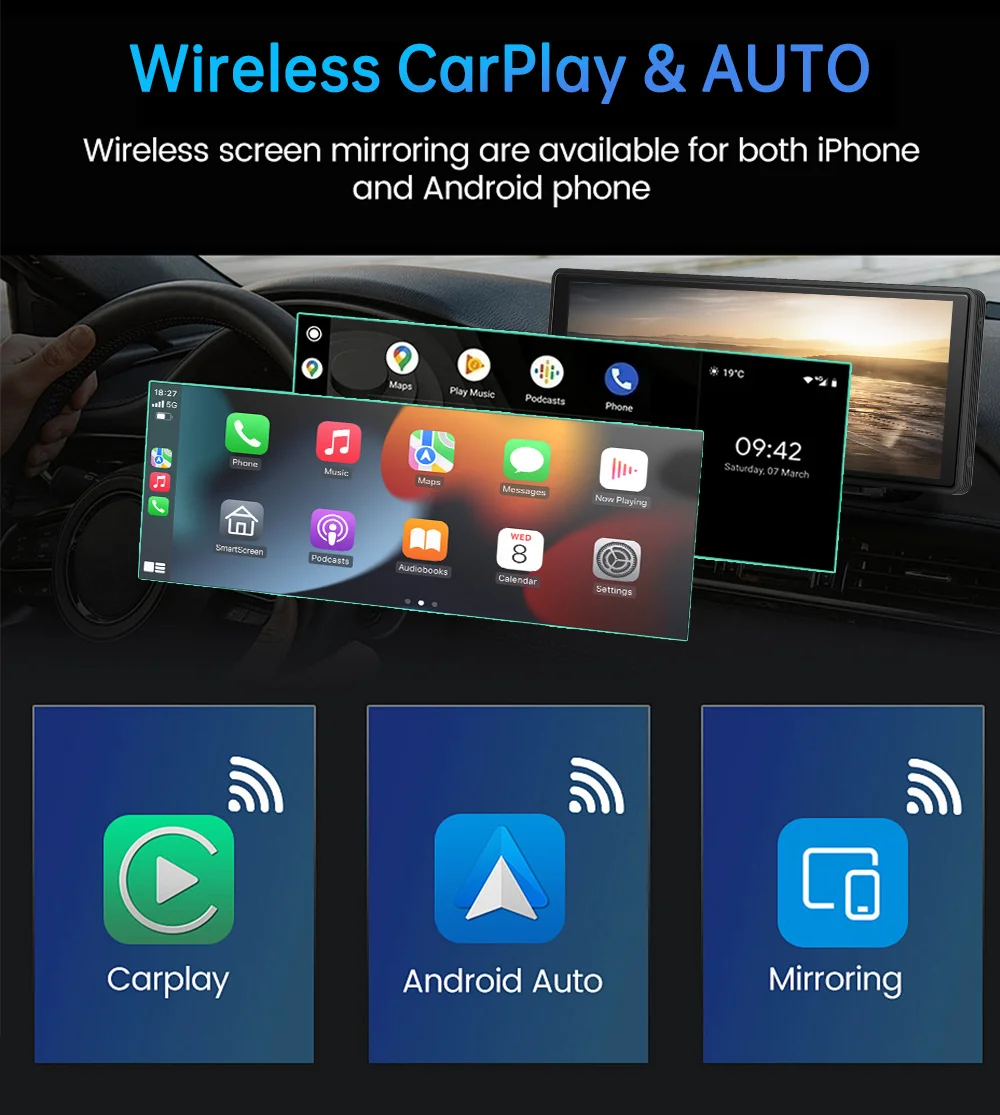 10.26 Inch Portable Wireless Carplay Screen 4K Dual Rear Reversing Camera Car Radio DVR MP5 Multimedia Video Player Android Auto