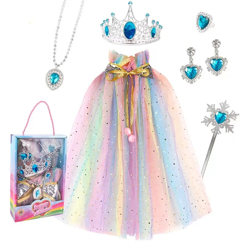 

Girl Birthday Gift Toy Cape Cloak Magic Wand Crown Princess Role-Playing Gem Ring Necklaces Earrings Set Accessories Dress Up 5