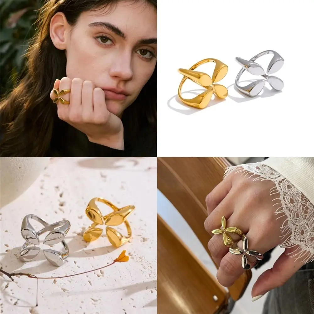 Water Resistant Geometric Open Ring Gold Silver Chic Jewelry Adjustable Stainless Steel Finger Ring for Women's Daily Outfit