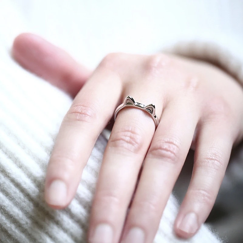 Sole Memory Cute Cat Ear 925 Sterling Silver Literary Creative Personality Female Resizable Opening Rings RI095 5