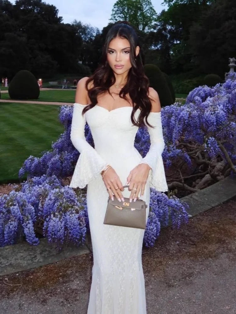 Wmstar Dress Women Wholesale of Fashionable Sexy Clothing Flared Sleeve Strapless One Shoulder Mesh Lace Fishtail Summer 2025