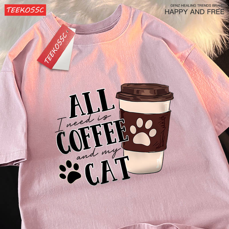 All Coffee Cat Male Tshirt Couple O-Neck Half Sleeves Street Breathable Tops Pattern Loose Clothes Couple Loose Oversize Tees