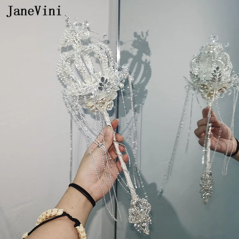 JaneVini Sparkly Silver Crystal Tassel Bridal Hand Bouquets Artificial Flowers Bouquet Pearl Scepter Wedding Bouquet Accessories