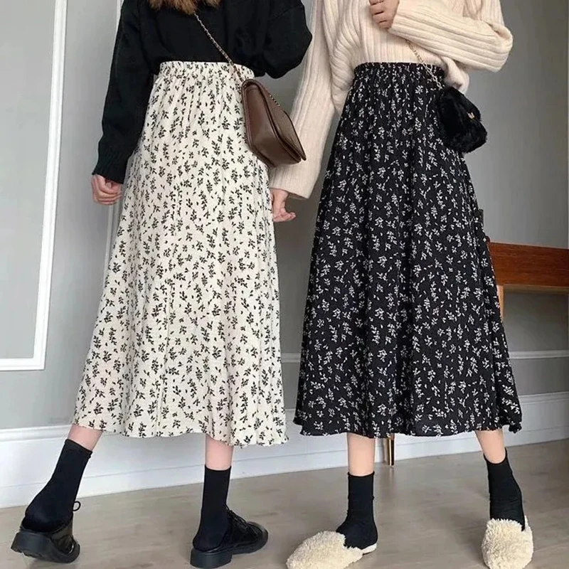 

Zoki Vintage High Waist Women Floral Skirt Summer A Line Casual All Match Mid Skirts Korean Fashion Loose Preppy Style New