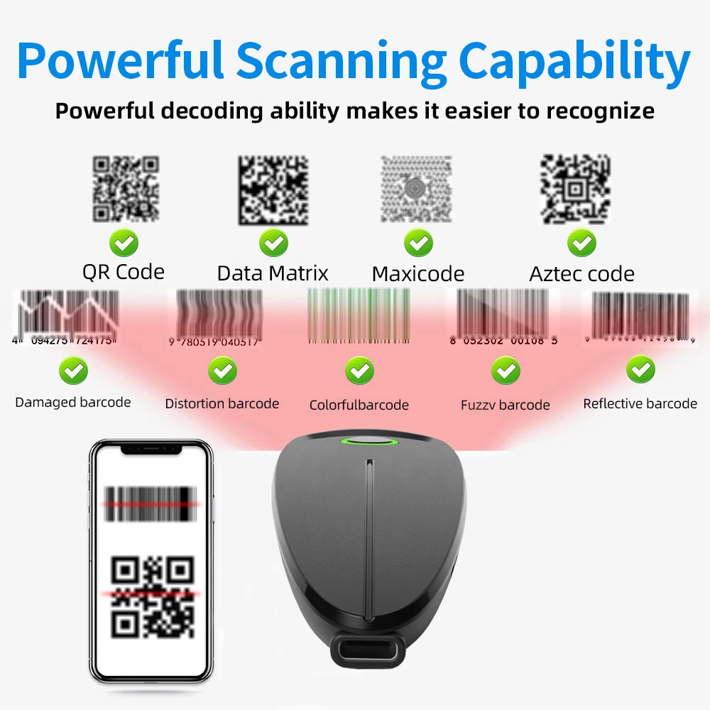 2.4G Bluetooth 1D/2D Barcode Scanner Compact&Portable QR Bar Code Readerr Handheld Warehouse Management Fast Recognition