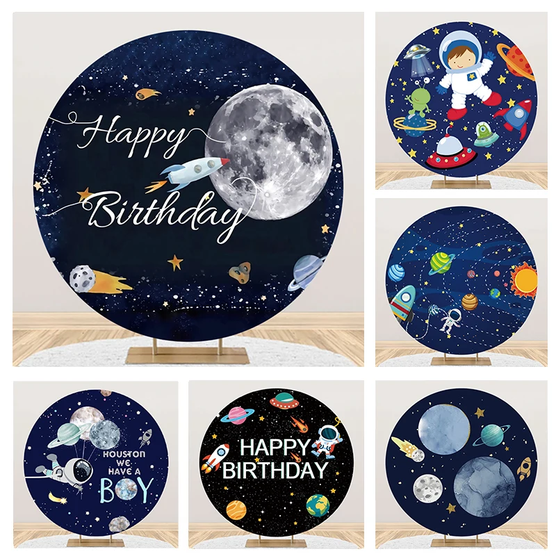 

Laeacco Outer Space Round Backdrop Universe Planet Astronaut Rocket Spaceship Cartoon Galaxy Kid Birthday Photography Background