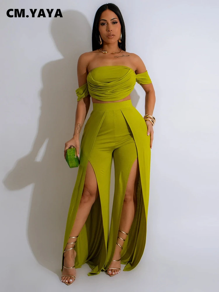 CM.YAYA Women's Set Short Sleeve Slash Neck Ruched Tops and Wide Leg split Pants 2024 Street Two 2 Piece Sets Outfit Tracksuits