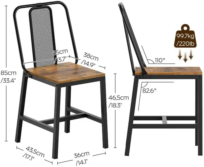 Dining Chairs Set of 2. Wooden. Kitchen. Back Support. Rustic Brown & Black. CY01L2BR.