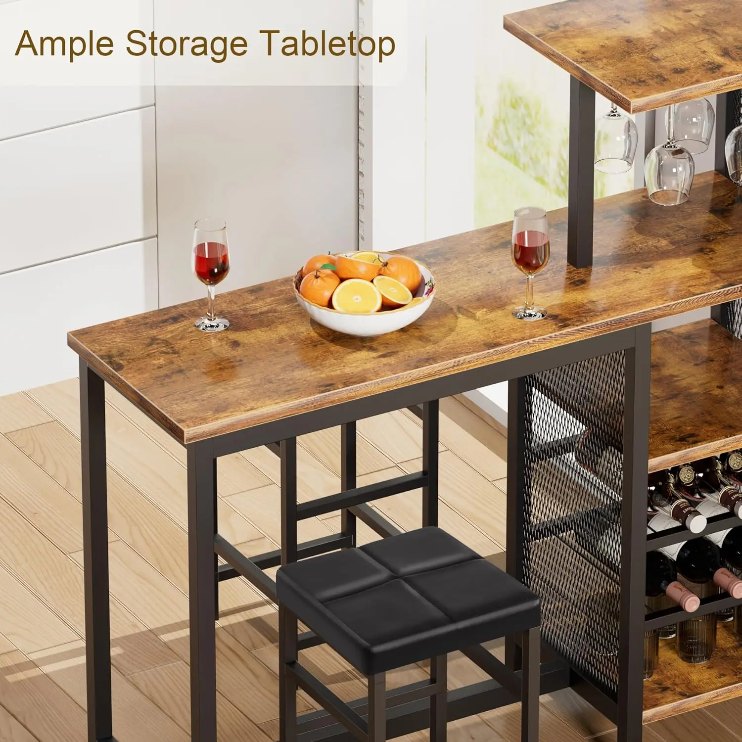 Bar Table and Chairs Set for 2, Tall Kitchen Counter Dining with Storage Shelves, Cup Holder & Wine Rack, PU Leather Cush