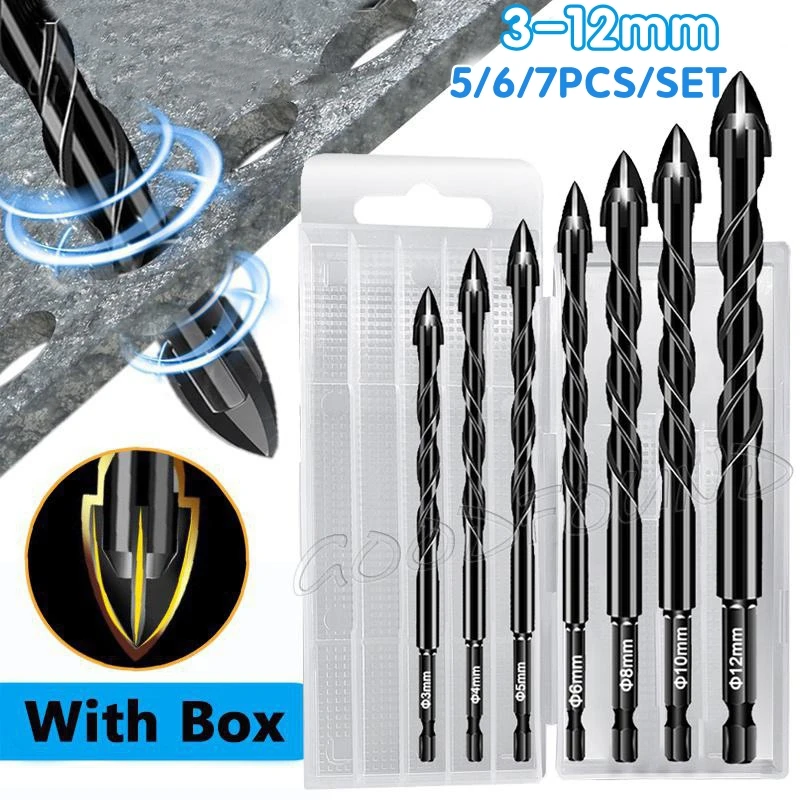 7Pcs Hex Masonry Drill Bits 1/4 Shank Titanium Steel Metal Cross Drill