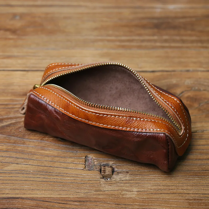 NZPJ New Vintage Genuine Leather Pencil Case Hand-Tooled Cowhide Wallet Unisex Glasses bag Retro Key Storage Bag