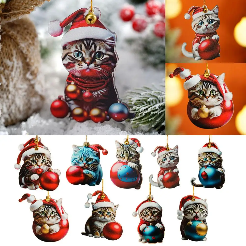 

Christmas Cute Cat Acrylic Pendants Christmas Tree Hanging Decoration Charm Santa Hat Car Packback Keychain Gift for Friend F3L1
