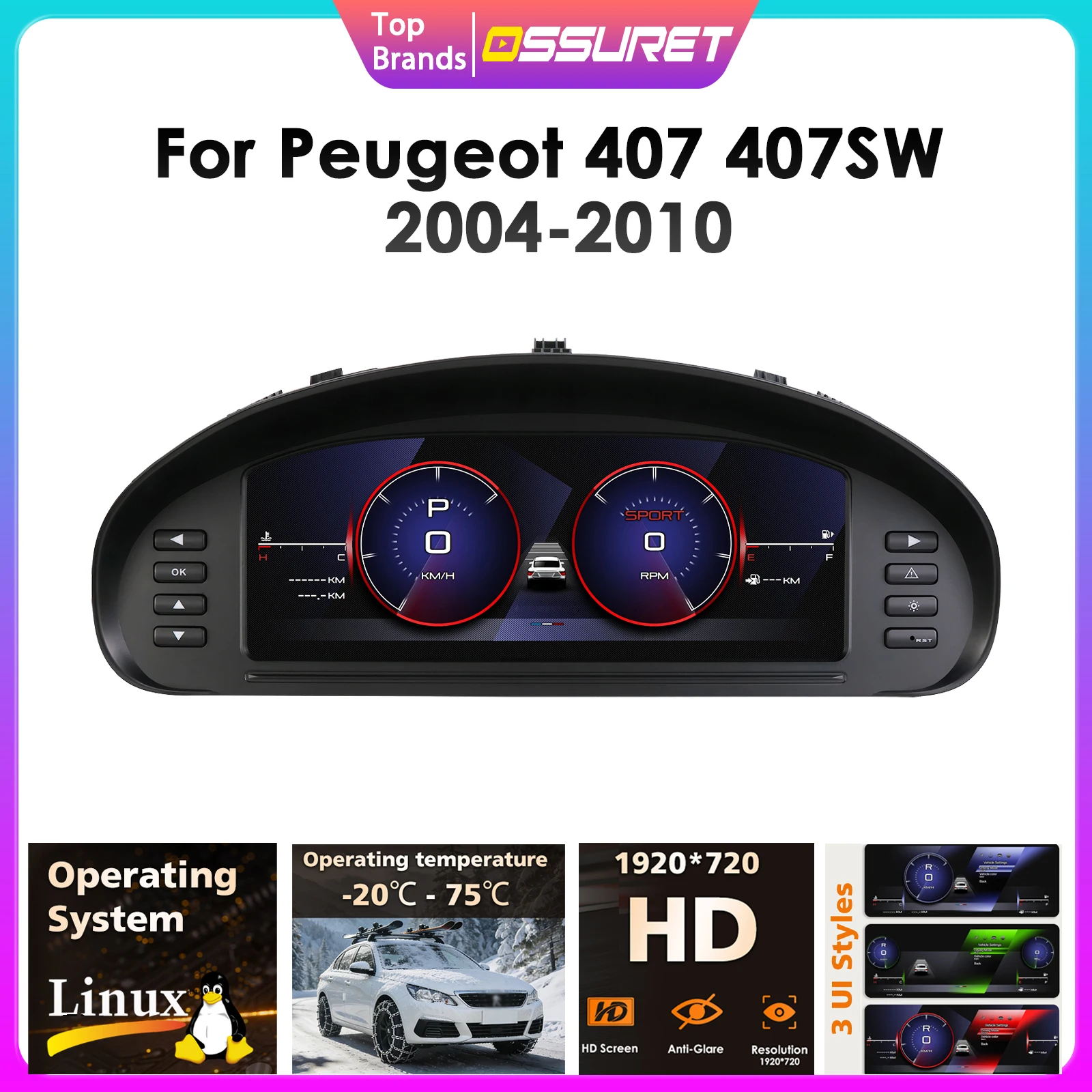 Tablero Digital para Automóvil de 10.25 Pulgadas para Peugeot 407 407SW 2004-2010, Pantalla de Velocímetro, Panel de Tablero LCD Automático, Cabina Virtual 1