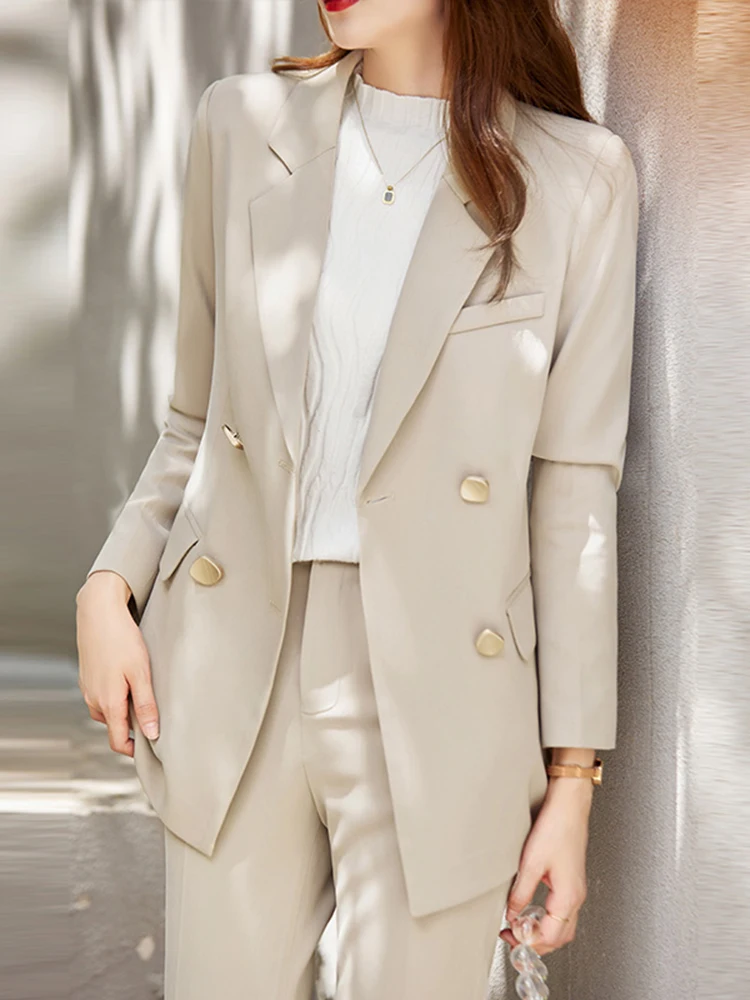 QOERLIN Women's Jacket Double Breasted Notched Blazer Office Suit Pantsuit Solid Long Sleeve Suit + Trousers Blazer Women Mujer