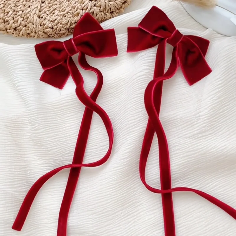 2 Stück Samt-Haarspangen mit Schleife und langen Bändern, modischer Haarschmuck in Rot und Schwarz, niedliche, elegante, vielseitige Haarschleifen für Mädchen