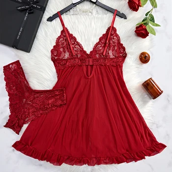Red Sling Transparent Sexy Lingerie Women's Underwear See-through Sleepwear Lace Nightdress And Panty Pijamas Sets Female Santa 2