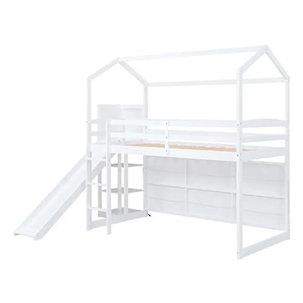Kids Twin House Loft Bed with Slide Storage Shelves and LED Light Wood Low Loft Bed Guardrail Ladder Playhouse Creative Design 5