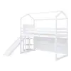 Kids Twin House Loft Bed with Slide Storage Shelves and LED Light Wood Low Loft Bed Guardrail Ladder Playhouse Creative Design 5