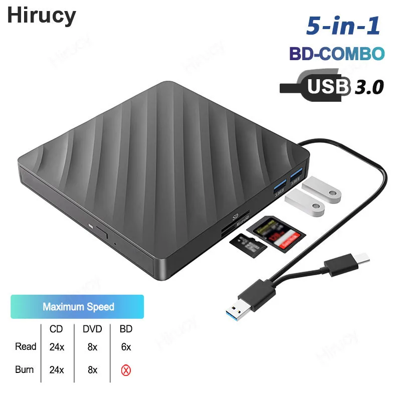 5-in-1 External Blu-ray Drive USB3.0 Type-C Multifunction BD-Combo Optical Drive CD DVD Burner Player for Laptop PC Windows