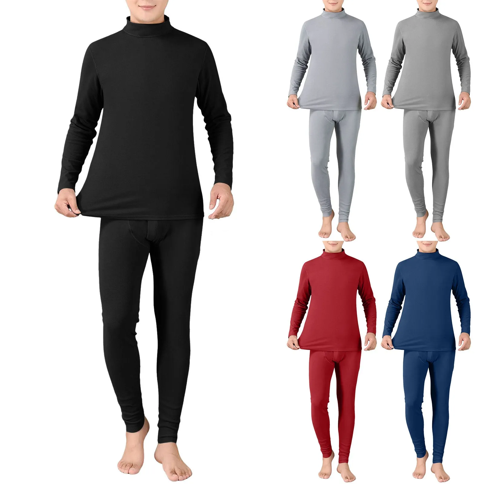 Mens Solid Color Elastic Underwear Set Autumn Winter Thick Soft Thermal Pajamas Crewneck Long Sleeve Pullover Fit Slim Pant Male