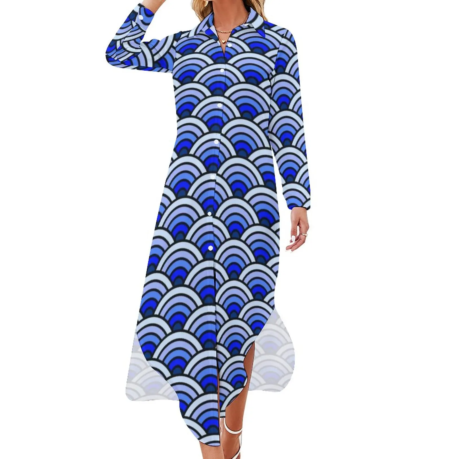 

Blue Waves Seigaiha Casual Dress Traditional Japanese Aesthetic Dresses Long Sleeve Vintage V Neck Design Oversize Chiffon Dress