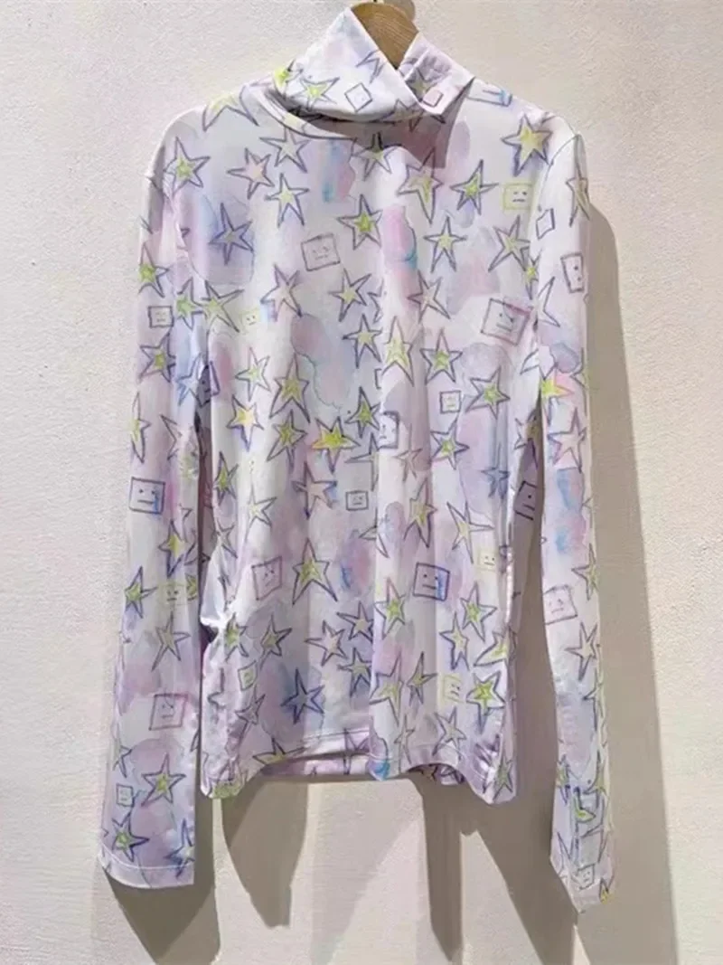 

Women's Top 2024 New Colorful Star Printed Turtleneck Fashion Casual Long Sleeved Bottoming T-Shirt