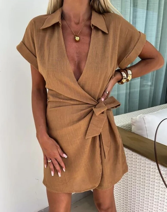 Women's Casual Jumpsuit 2024 Summer Lace Up Details Pleated V-Neck Cross Tie Jumpsuit Shorts Short Sleeved Vacation Jumpsuit