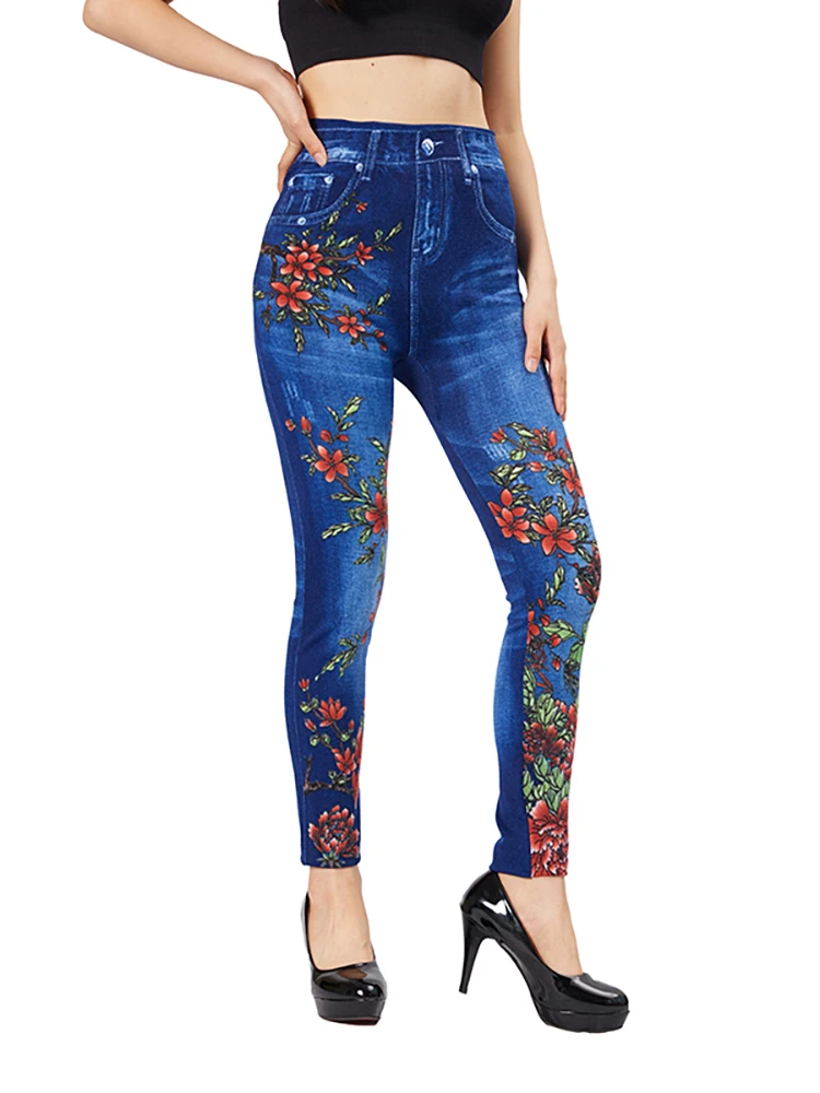 CUHAKCI Flame Flower Print Slim Fit Blue Jeggings Women's Casual Pencil  Pants Elastic Fake Pocket Jeans Workout Yoga Leggings - AliExpress