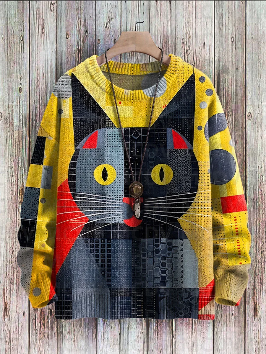 Abstract Art Cat Multicolor Print Casual Pullover Knit Sweater Women For Men Sweater
