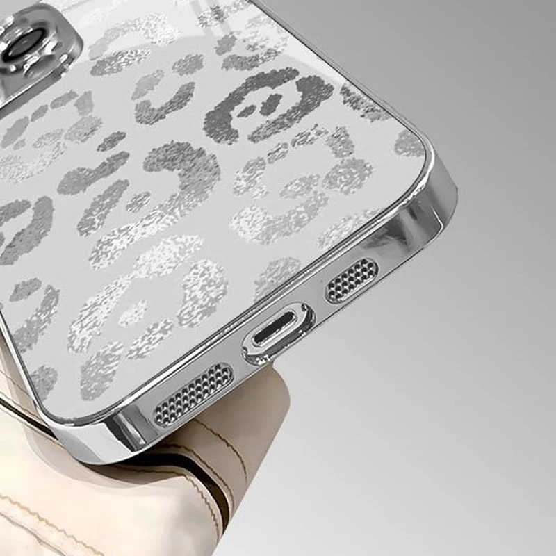 Electroplated Silver Grey Leopard Print Glass Phone Case