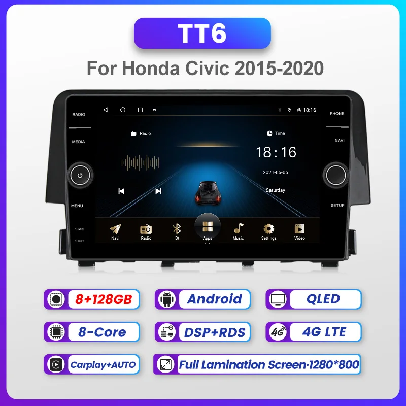 QLED 1280*800 8 ГБ + 128 Android 11 автомобильное радио мультимедиа GPS-навигация для Honda Civic 10 FC FK