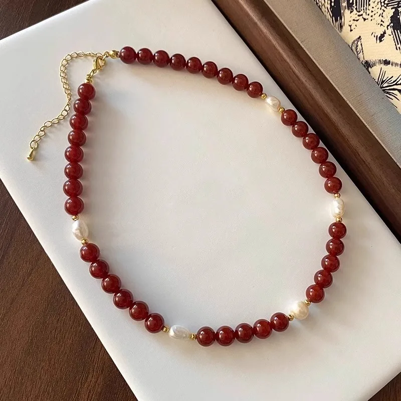 100% Natural Freshwater Pearl & Red Agate Stone 14K Gold Filled Female Beads Chain Necklace Jewelry For Women Birthday Gifts