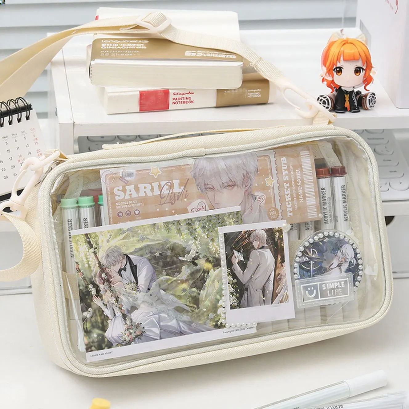 1개 마커 펜 전용 보관 가방 필통, 투명하고 간단한 색상의 휴대용 핸드백, 64개 펜 수납 대용량