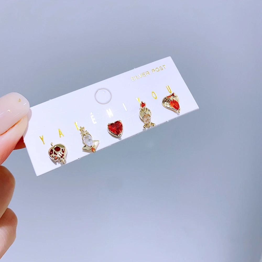 5pcs/set Mixed Design Villains Stud Earrings for Women Girls Gold Color Cubic Zirconia Gift Jewelry 2