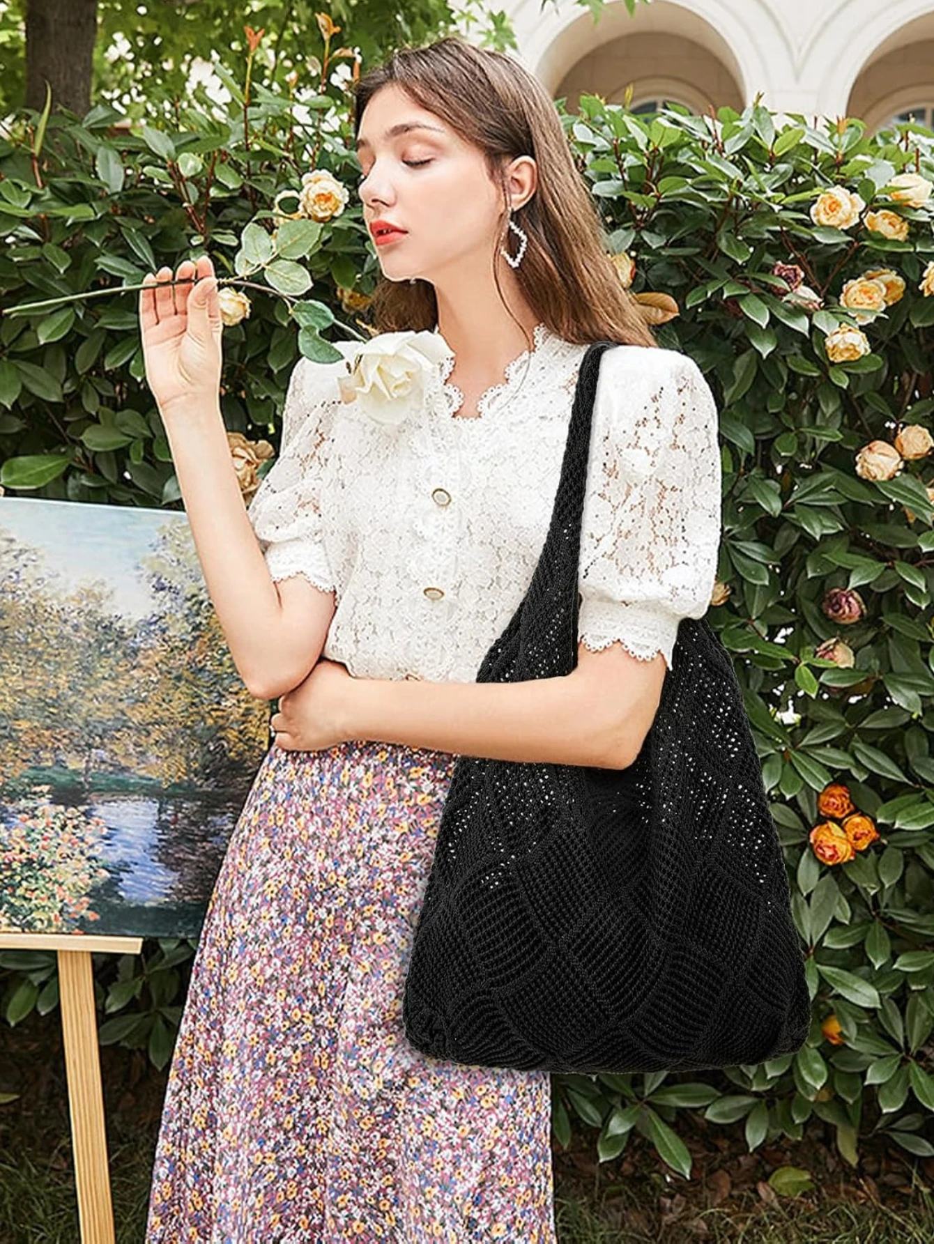 Women'S Crochet Foldable Woven Bag Summer Beach Handbag, Beautiful Hippie Knitted Bag Hollowed Out Retro Shoulder Bag