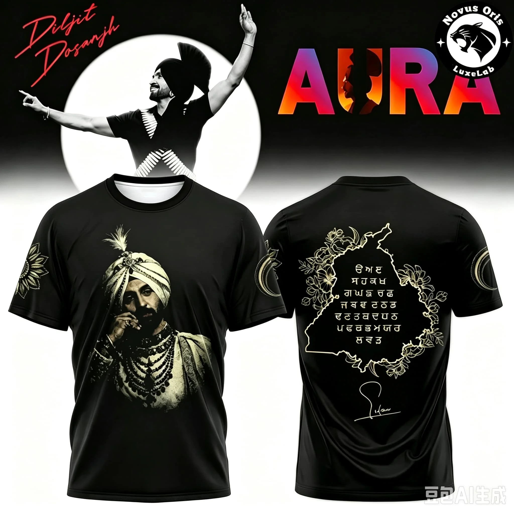 2026 Herren Diljit Dosanjh AURA Tour T-Shirt Schwarz Künstler Kurzarm Punjabi Musik Konzert Fan Freizeit T-Shirt Familien-Partnerlook