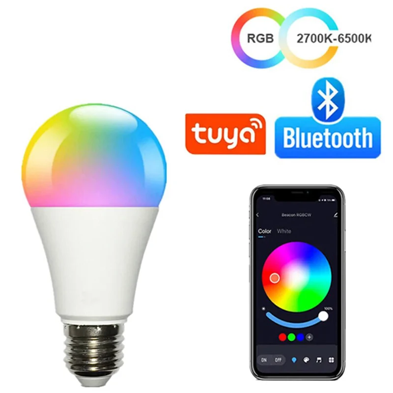 투야 와이파이 블루투스 220V 제어 LED 스마트 전구, 밝기 조절 RGB, CW, WW, IOS, 안드로이드 호환, 침실, 거실용, E27, E26, B22