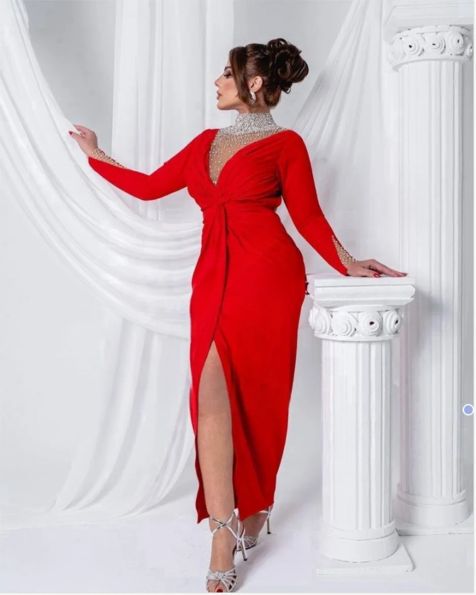 

Vintage Mermaid High Neck Prom Dresses Long Sleeves Pleated Beadings Ankle Length Front Split Formal Party Dresses