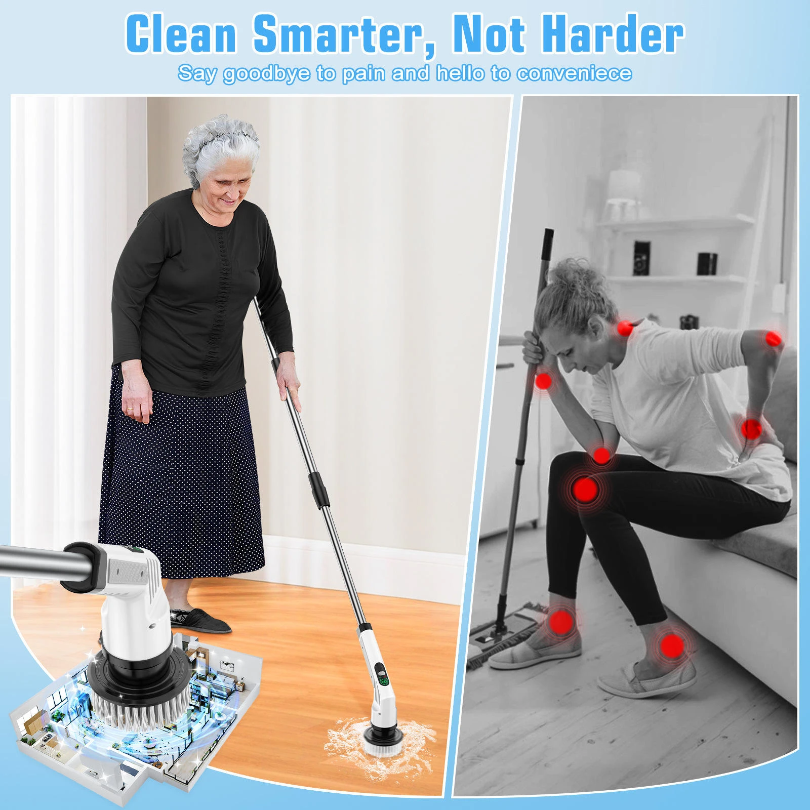 Electric Spin Scrubber 9 in 1 Cordless Cleaning Brush Telescopic Handle LED Display Wireless Bathroom Kitchen Floor Tile Cleaner